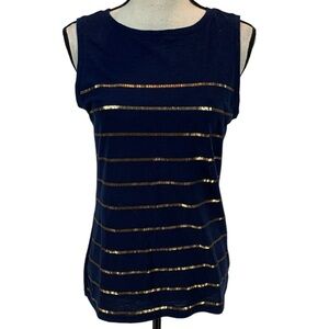 Westport 1962 Sleeveless Crew Neck Sequin Striped Tank Top - Navy Blue - Small